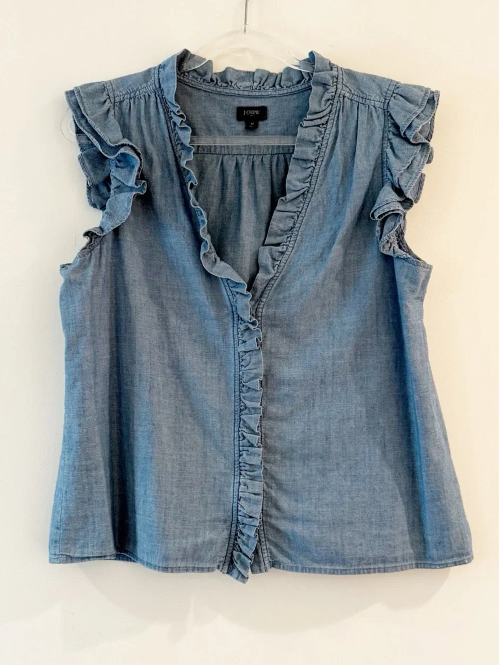 J. Crew Denim Chambray Ruffle Sleeve Top - Picture 6 of 6